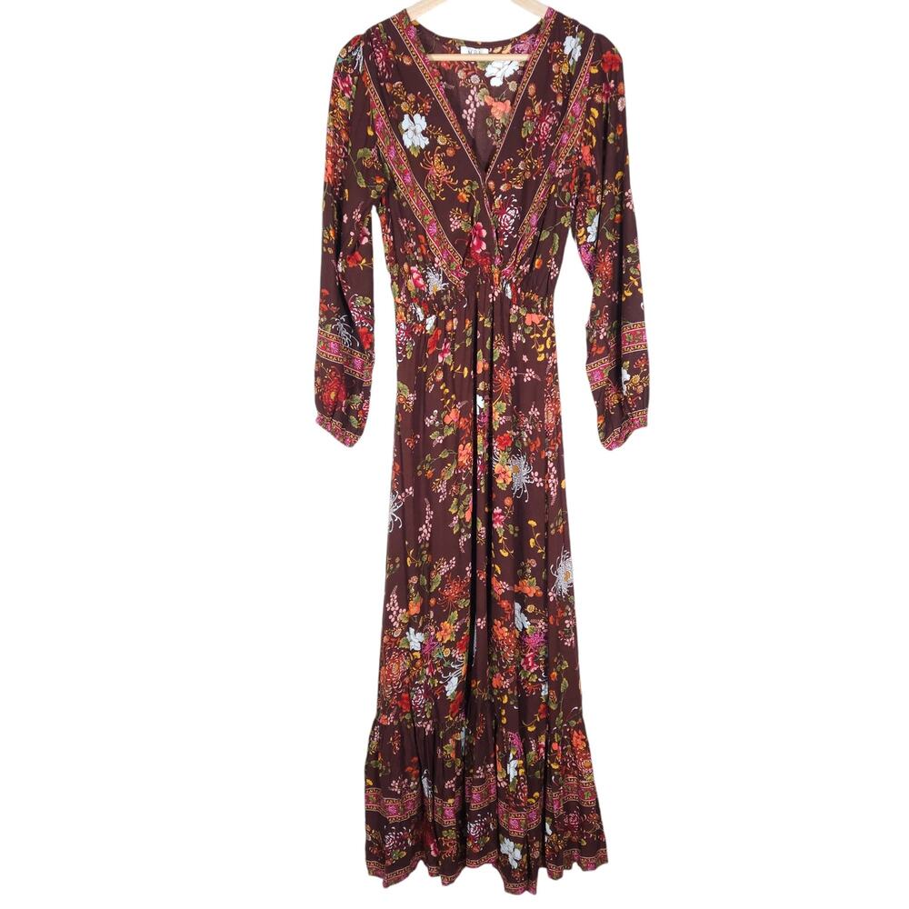 Aura Dress XS Red Vintage Floral V Neck Boho Elastic Waist Peasant A Line Maxi